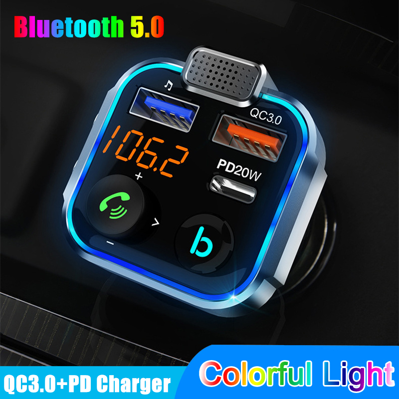 Car QC3.0 PD 20W Charger Bluetooth5.0 FM Transmitter One Button Bass Mp3 Player External Large Microphone Music Player Modulator