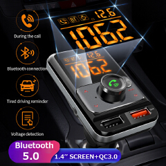 FM Transmitter Bluetooth 5.0 Handsfree Car Kit Bass AUX MP3 Player with Fatigue Driving Reminder QC3.0 Dual USB Charger