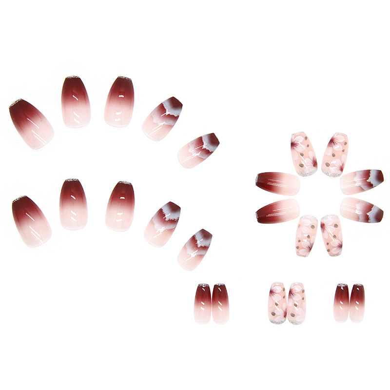 Short Ballet Gradient Wine Red White Flower Nail Art Finished Removable Wearable Nail Stickers