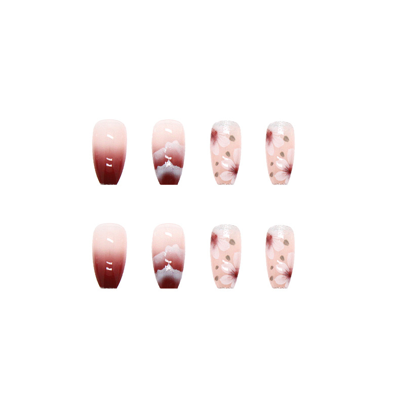 Short Ballet Gradient Wine Red White Flower Nail Art Finished Removable Wearable Nail Stickers
