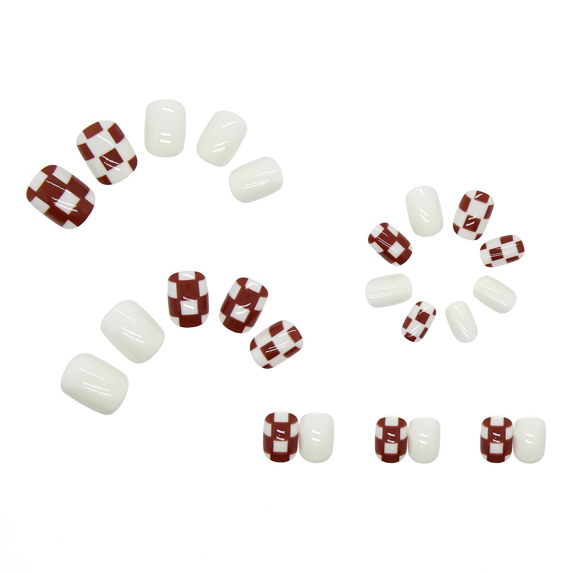 Red Checkerboard Finished Fake Nails Removable Nail Pieces Short Creamy White Nail Art view 3