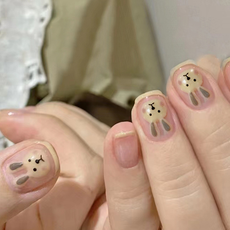 New short and thin nail stickers nail stickers cute bunny pink tender ice transparent finished products can be wholesaled view 2