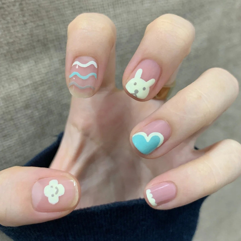 24pcs Cute Rabbit Nail Art Patch Nail Wearing Nail Removable 2 Minutes Nail Art