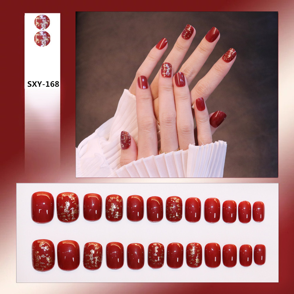 24pcs manicure patch finished nail piece short wine red gold foil fake nail patch removable