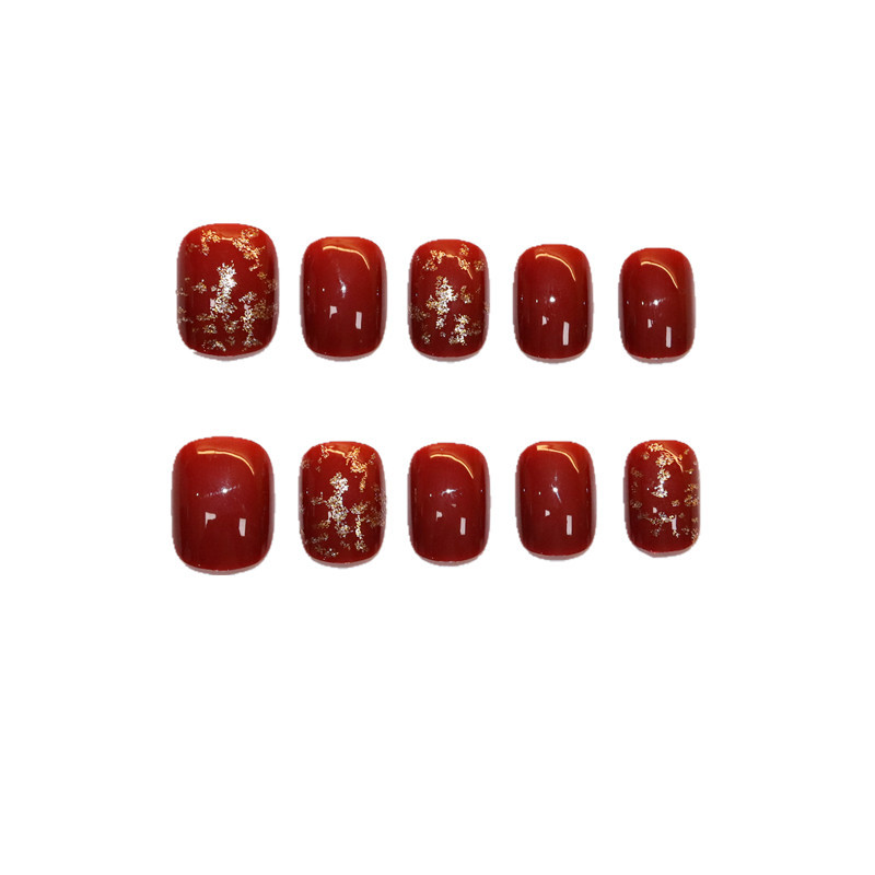 24pcs manicure patch finished nail piece short wine red gold foil fake nail patch removable