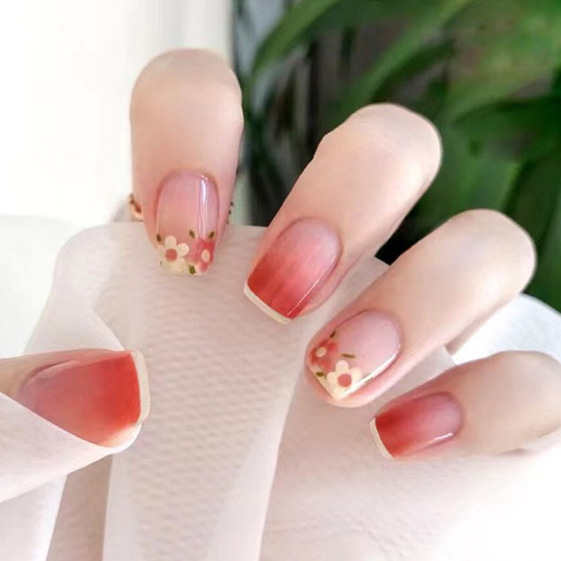 24pcs Nail Art Short Gradient Colorful Flower Fake Nail Patch Transparent Ultra-thin Seamless Nail view 2