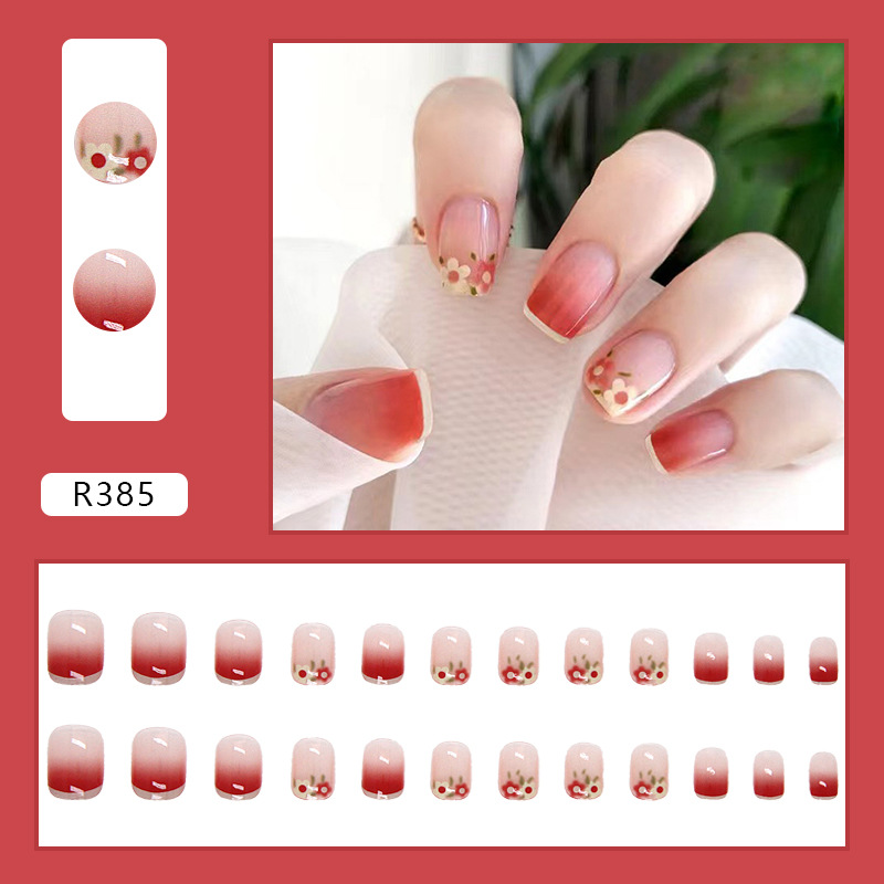 24pcs Nail Art Short Gradient Colorful Flower Fake Nail Patch Transparent Ultra-thin Seamless Nail