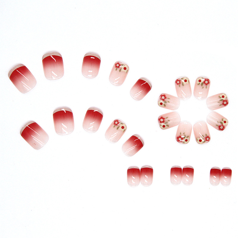 24pcs Nail Art Short Gradient Colorful Flower Fake Nail Patch Transparent Ultra-thin Seamless Nail view 3