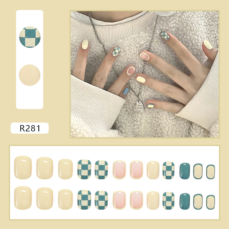 24pcs wearable detachable short net red checkerboard finished nail piece nail sticker manicure piece view 2