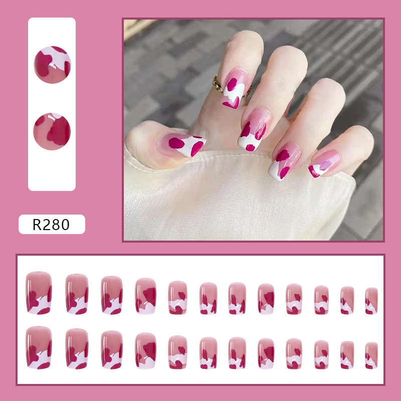 24pcs wearable fake nails raspberry cow pattern removable nail stickers wearable nails finished manicure view 2