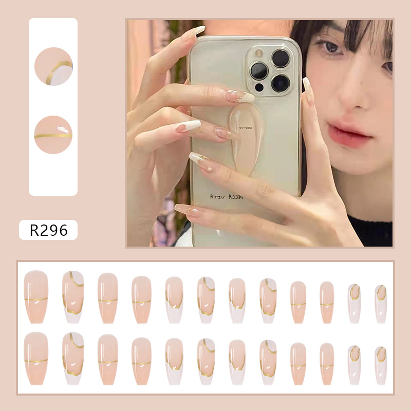 24pcs ice-through cream fake nails long irregular magic mirror powder removable nail stickers manicure finished view 2