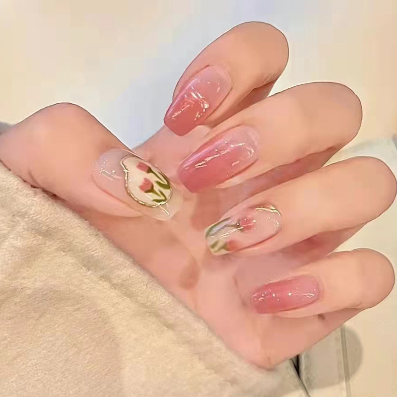 24pcs Gradient Tulip Flower Nail Art Pieces Detachable Fashion Fake Nails French Manicure