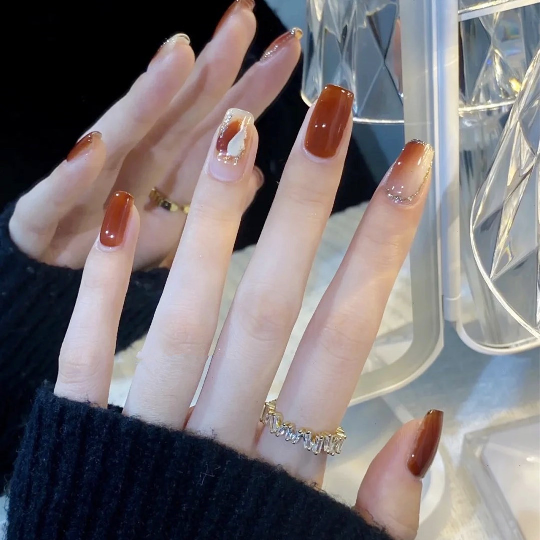 24PCS manicure orange red smear gold edge fake nail patch removable wearable nail piece