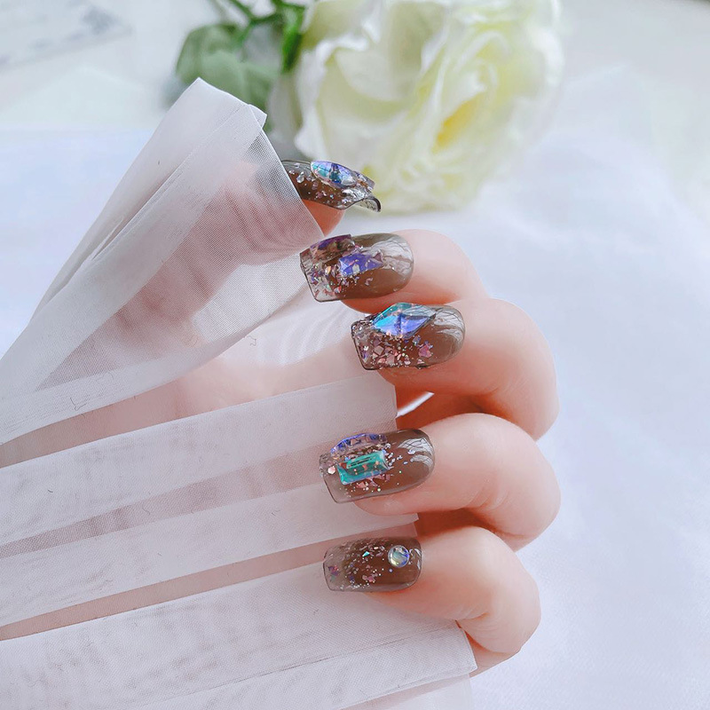 Blast and broken diamond manicure finished fake nail paste ice transparent purple