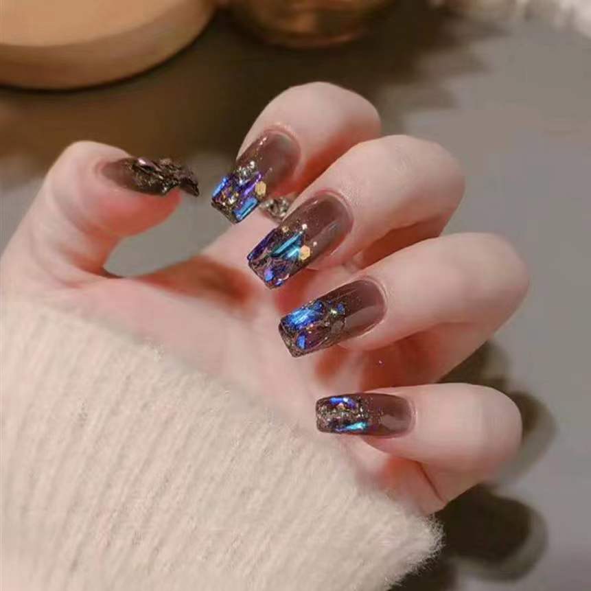 Blast and broken diamond manicure finished fake nail paste ice transparent purple