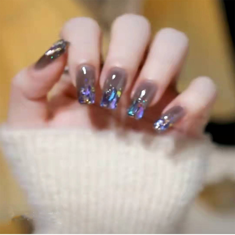 Blast and broken diamond manicure finished fake nail paste ice transparent purple