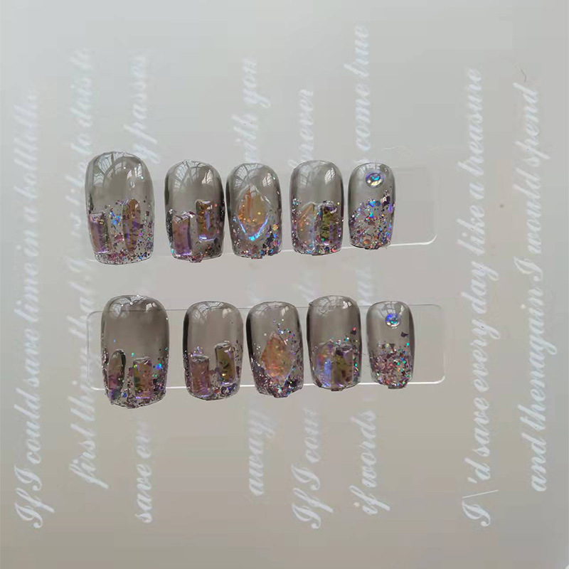 Blast and broken diamond manicure finished fake nail paste ice transparent purple