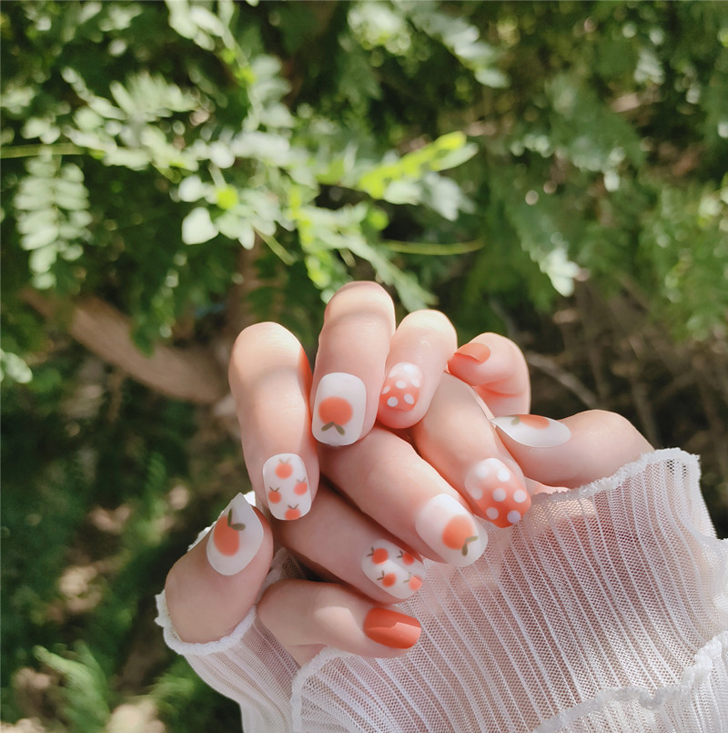 24PCS Orange Polka Dot Nail Art Cute Small Fresh Fake Nail Patch Waterproof Nail Sheet