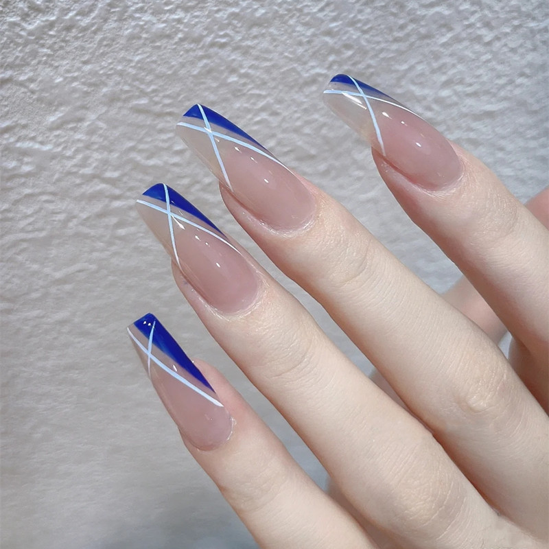 24PCS Blue Stripes French Trapezoid Nail Klein Blue Wearable Fake Nails Nail Art Patch