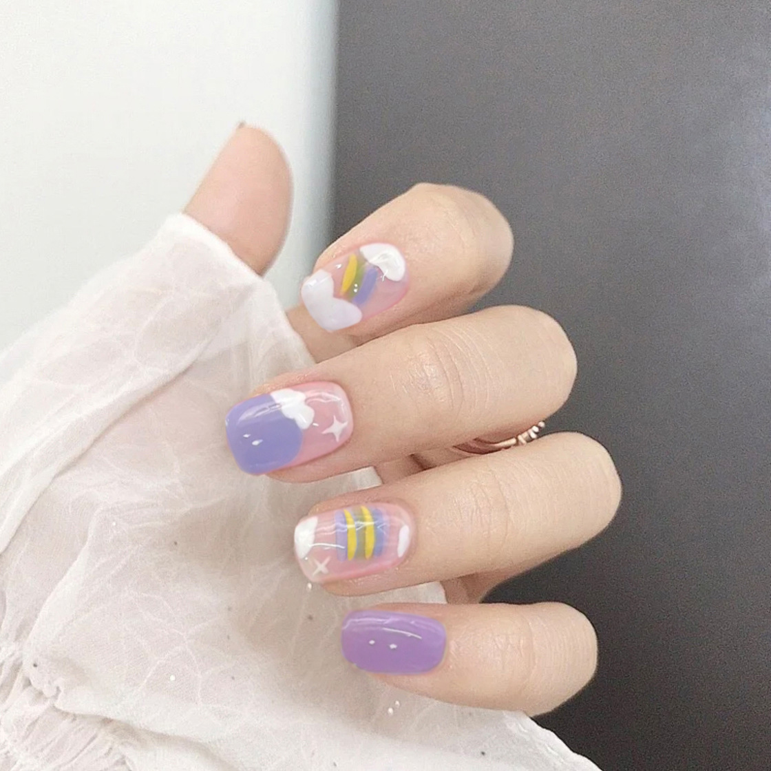 24PCS Blue Purple Rainbow Fake Nail Stickers Wearing Nail Finished Nail Art