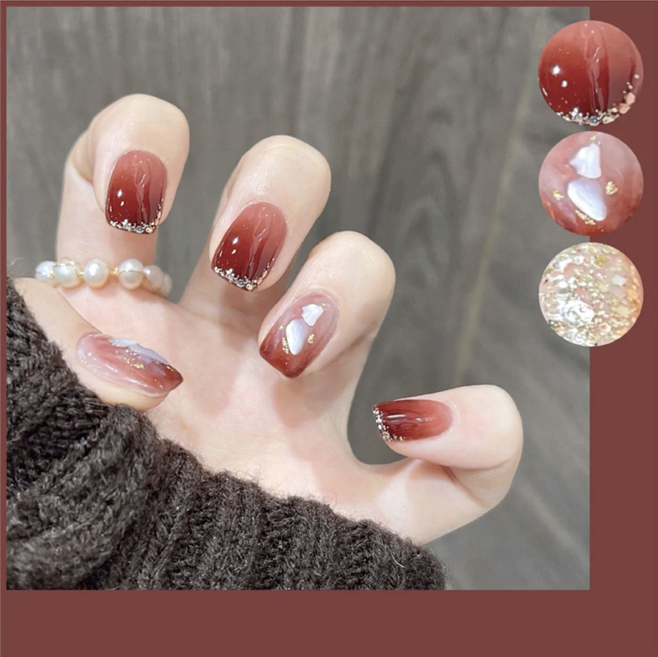 24PCS Red Gold Shell Air Soft Nail Fake Nail Pieces Wearing Nail Art