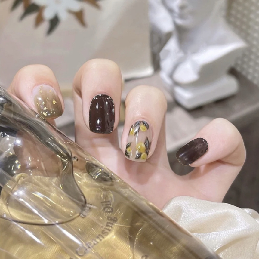 24PCS Lemon Olive Fake Nail Pieces Wearing Nail Stickers Finished Nail Art