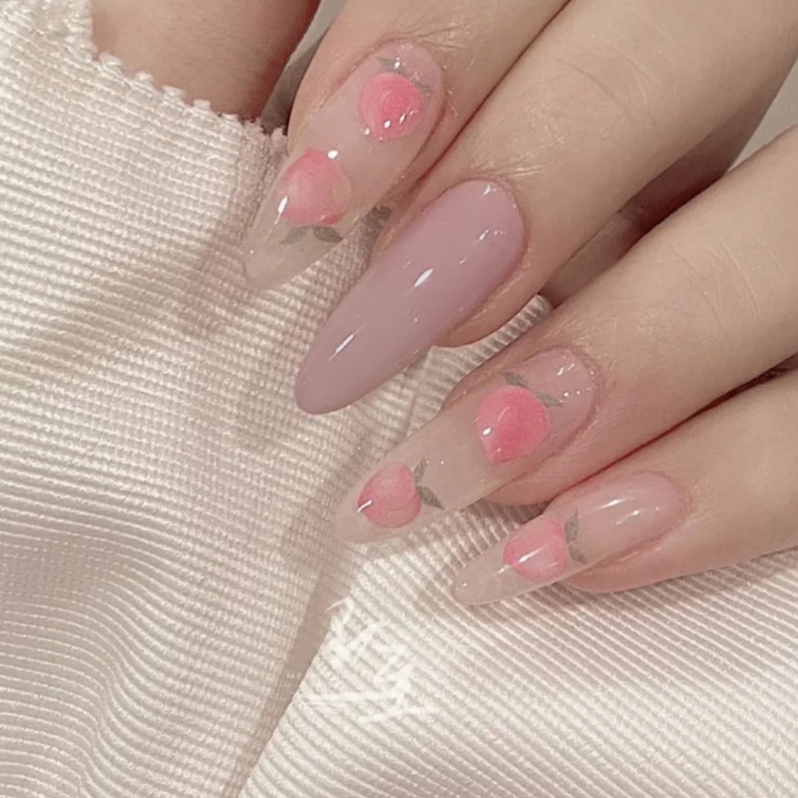 24PCS Peach Powder Round Fake Nail Stickers Wearing Nail Art