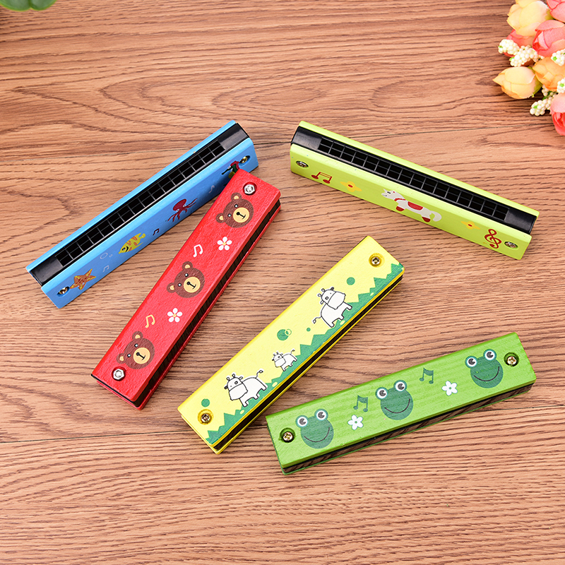 2PCS Kids Musical Instrument Educational Toy Wooden Cover Colorful Cute Tremolo Harmonica Cartoon Pattern