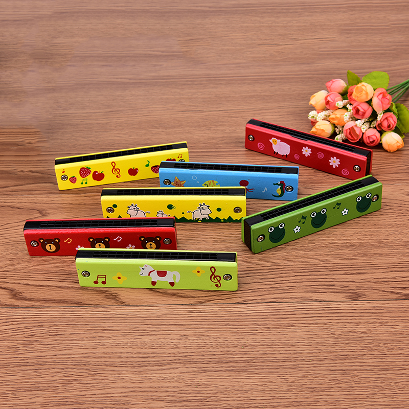 2PCS Kids Musical Instrument Educational Toy Wooden Cover Colorful Cute Tremolo Harmonica Cartoon Pattern