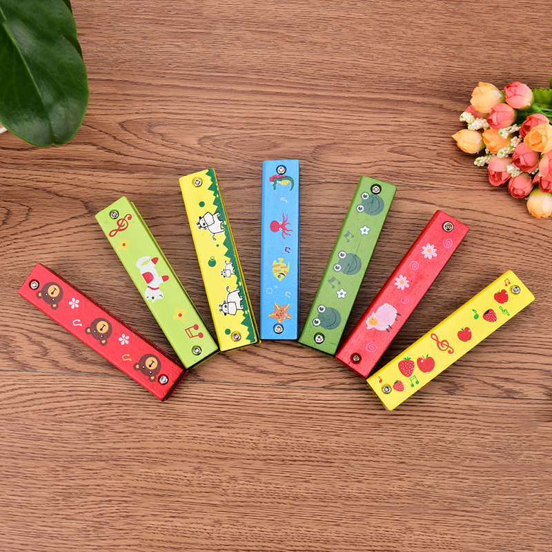 2PCS Kids Musical Instrument Educational Toy Wooden Cover Colorful Cute Tremolo Harmonica Cartoon Pattern