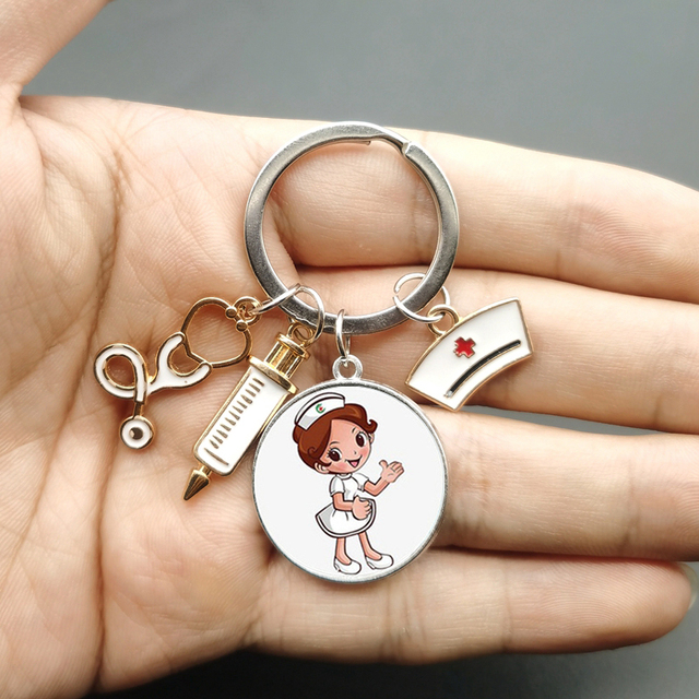 2pcs Paint Fashion Creative Nurse Medical Syringe Stethoscope Image Keychain Glass Suitable Nurses and Doctors Key Ring Pendant Gift