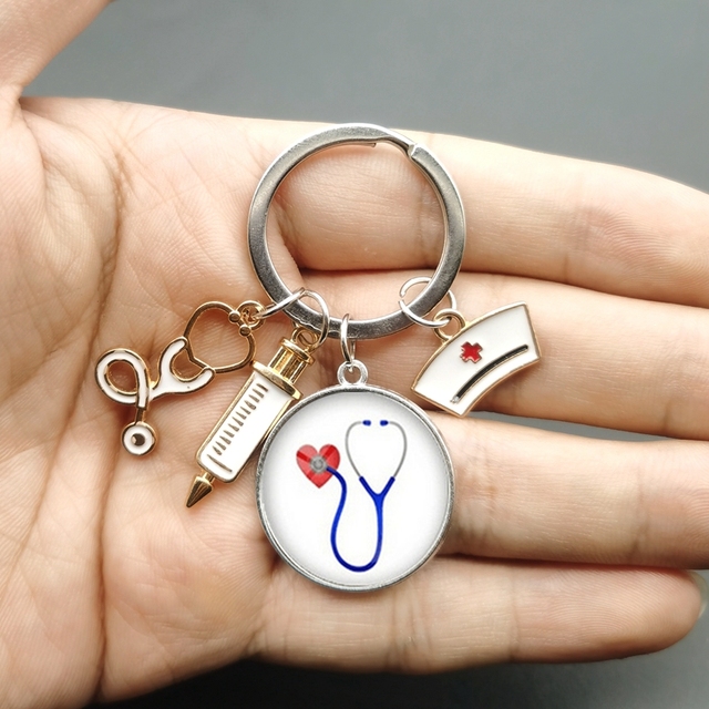 2pcs Paint Fashion Creative Nurse Medical Syringe Stethoscope Image Keychain Glass Suitable Nurses and Doctors Key Ring Pendant Gift