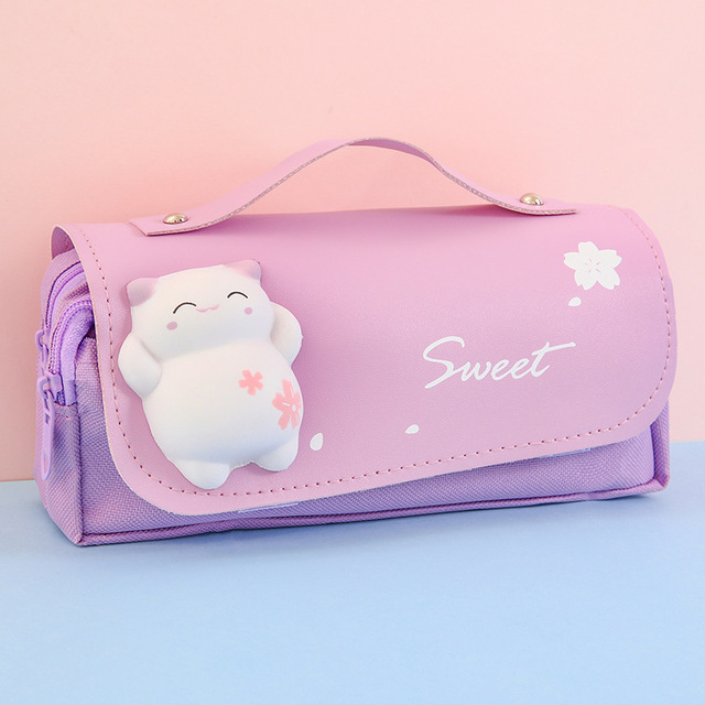 Cute Cat Decompression Pencil Case Big Pencil Box Portable Girls Pen Bag Double Layer School Pouch Kawaii Stationery Pensil Case