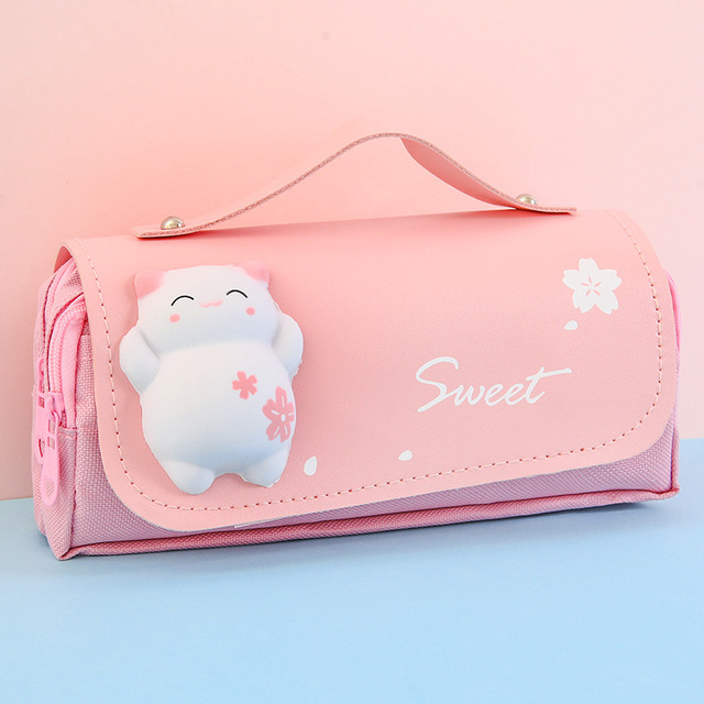 Cute Cat Decompression Pencil Case Big Pencil Box Portable Girls Pen Bag Double Layer School Pouch Kawaii Stationery Pensil Case