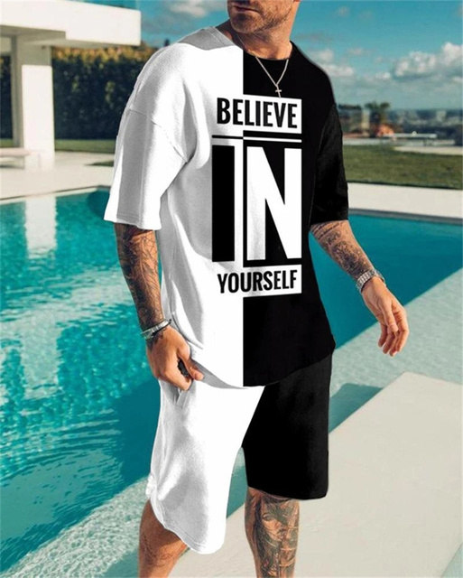 Summer Oversized Retro Fashion Print Pattern Casual Street Tracksuit T-Shirt + Shorts 2-Pack Tracksuit T-shirts & Polos
