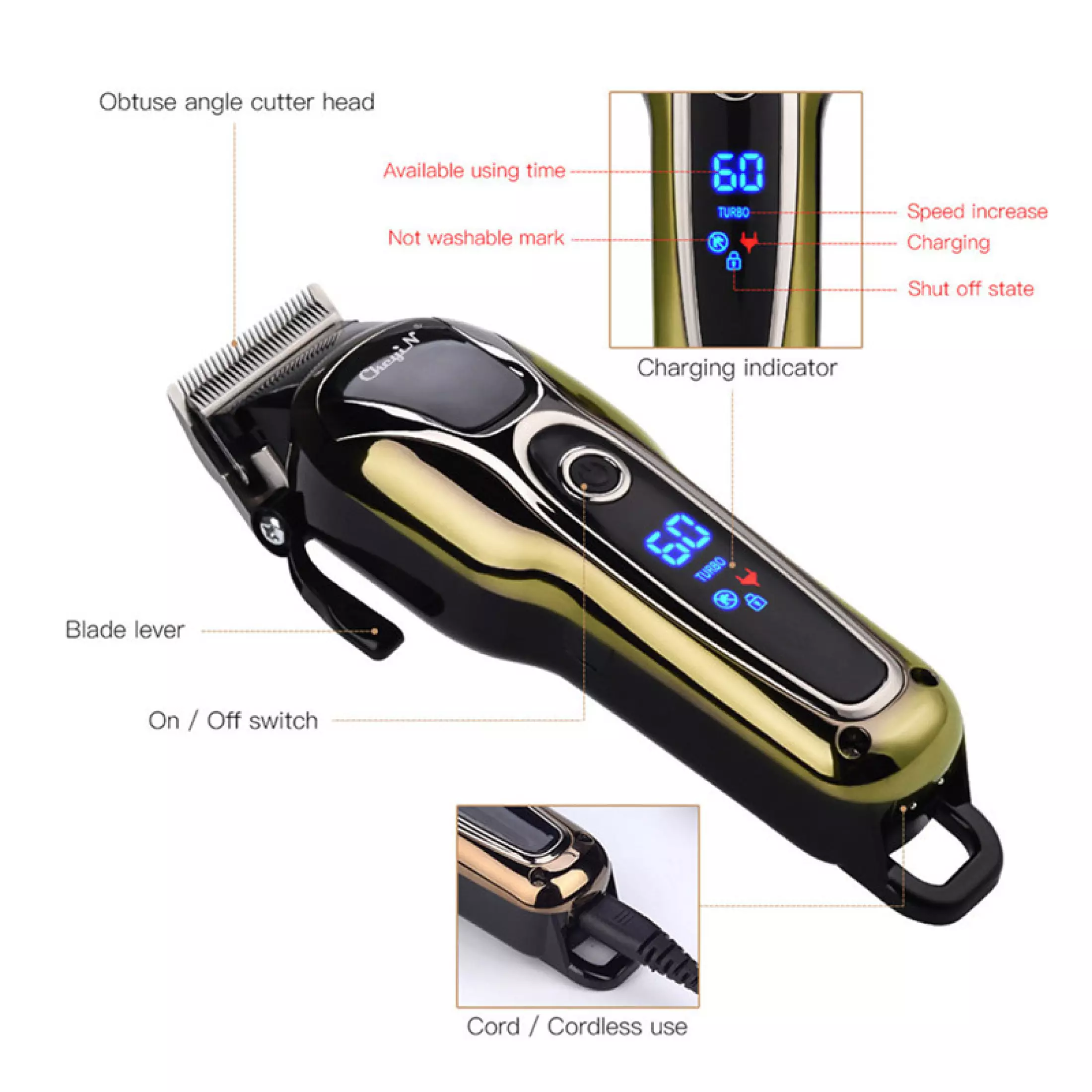Electric Hair Clipper Adjustable Rechargeable Hair Trimmer LCD Display Razor for Hair 4 Limit Combs for Adults Men's hair clipper cordless Cutter LED display Wireless Hair Cutter