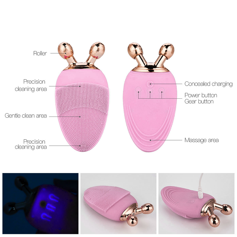 Rechargeable Face Cleaning Brush with 8 Gears Electric Handheld Face Cleanser Silicone with Rollers