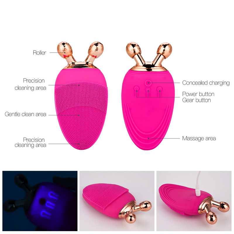 Rechargeable Face Cleaning Brush with 8 Gears Electric Handheld Face Cleanser Silicone with Rollers