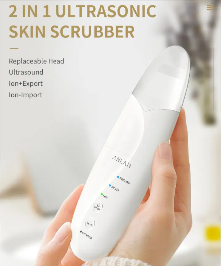 2 In 1 Ultrasonic Skin Scrubber Ion Deep Face Ultrasonic Cleaning Remove Acne Blackheads Replaceable Head Peeling Shovel