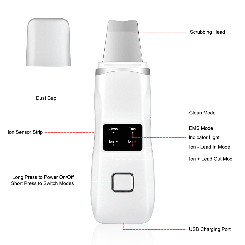 Ultrasonic Skin Scrubber LED Photon Ion Deep Face Cleaning Vibration Massager Rechargeable USB Acne Blackhead Removal Cleanser