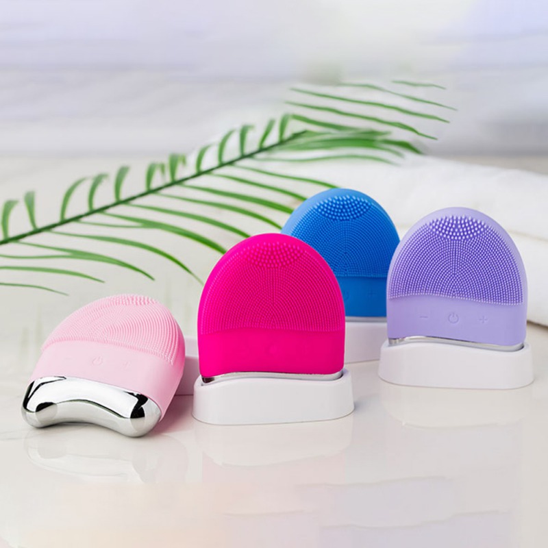 3 in 1 USB Rechargeable Silicone Cleansing Device Tightening Lifting Anti Wrinkles Face Washing Sonic Pore Cleaner Mini Ultrasonic Silicone Vibrating Cleaning Brush