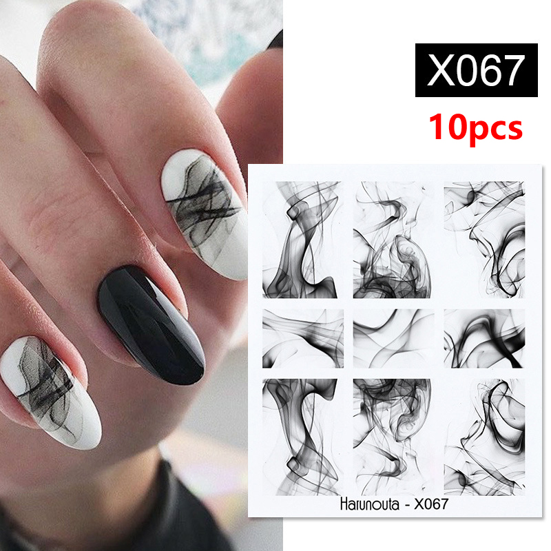 10pcs/set Black Lines Flower Leaves Water Decals Stickers Floral Face Marble Pattern Slider For Nails Summer Nail Art Decoration