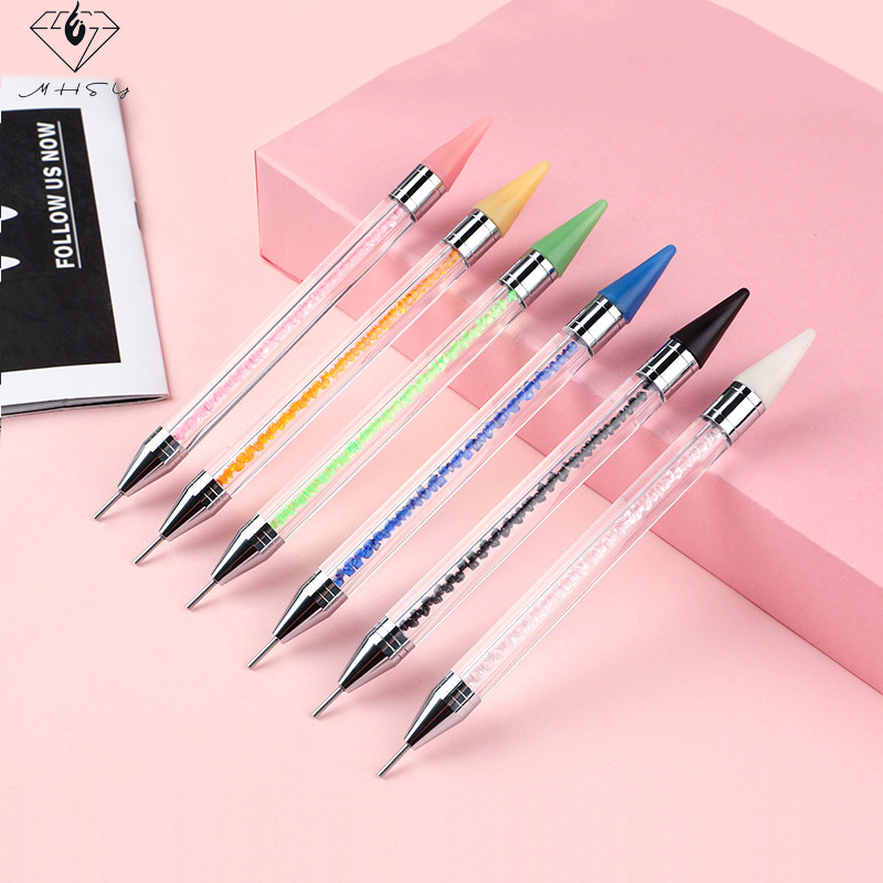 2pcs Dual-ended Nail Dotting Pen Crystal Beads Handle Rhinestone Studs Picker Wax Pencil Manicure Nail Art Tools