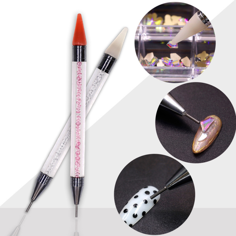 2pcs Dual-ended Nail Dotting Pen Crystal Beads Handle Rhinestone Studs Picker Wax Pencil Manicure Nail Art Tools