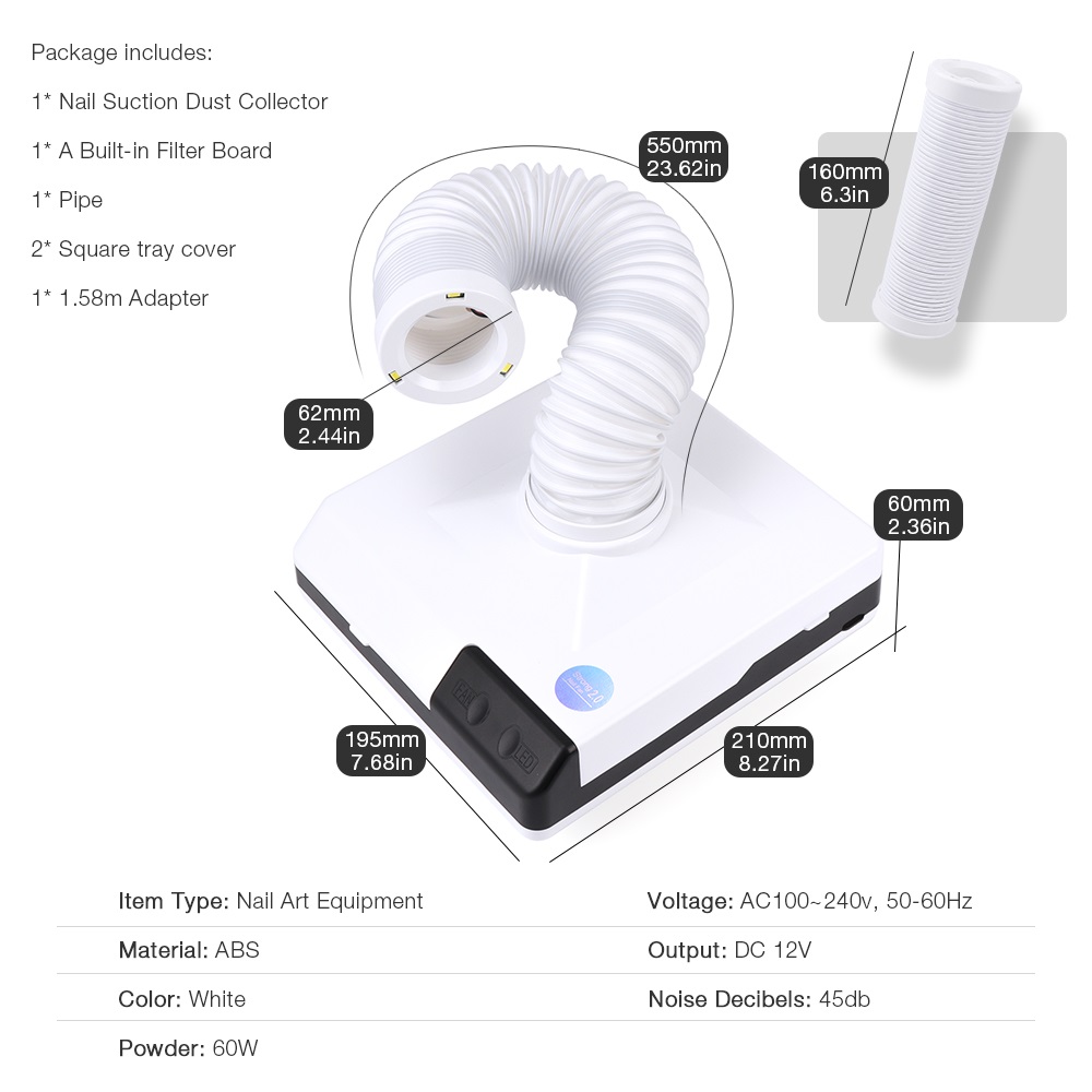 New Arrival 60W Strong Nail Dust Collector Suction Dust Cleaner Retractable Elbow Design Fan Vacuum Cleaner Nail Manicure Dust Collector view 10