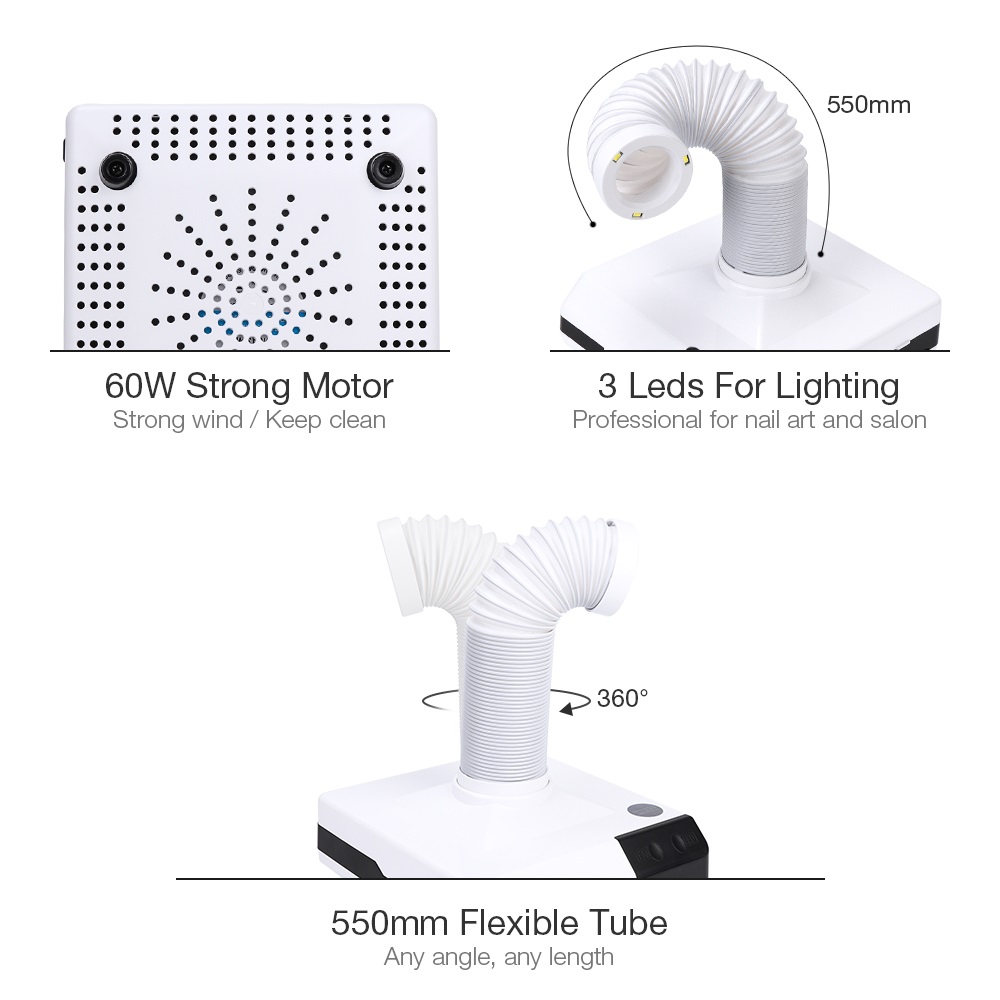 New Arrival 60W Strong Nail Dust Collector Suction Dust Cleaner Retractable Elbow Design Fan Vacuum Cleaner Nail Manicure Dust Collector view 9
