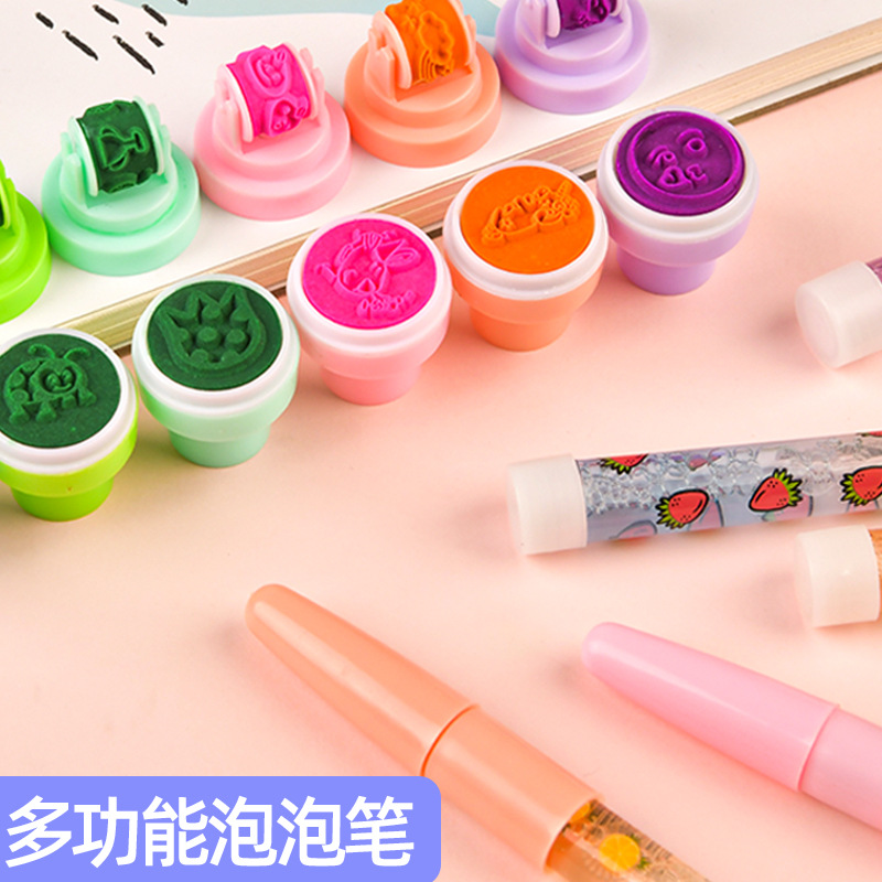 100pcs/lot 5 IN 1 Multi-function Bubble Ballpoint Pen Children Toys Ballpoint Pen Gift For Boys Girls Cute Seal Roller Stamp Pen With Light stylus pen organizer