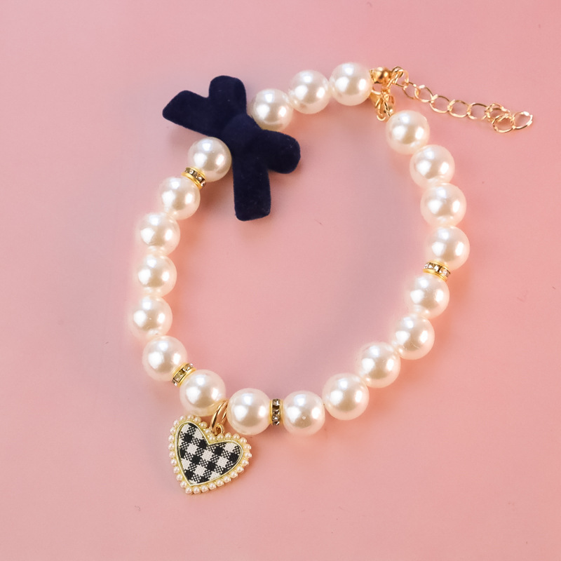 Dog Collar Soft Padded Pet Collar Adjustable small cat dog plaid heart pearl retro high-quality texture bow necklace