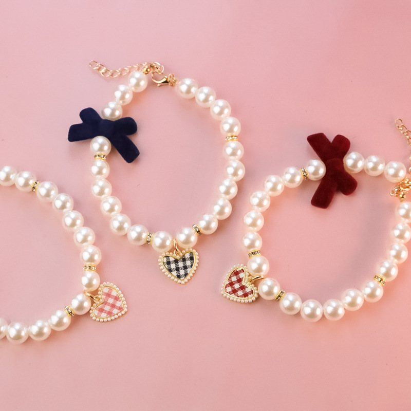 Dog Collar Soft Padded Pet Collar Adjustable small cat dog plaid heart pearl retro high-quality texture bow necklace