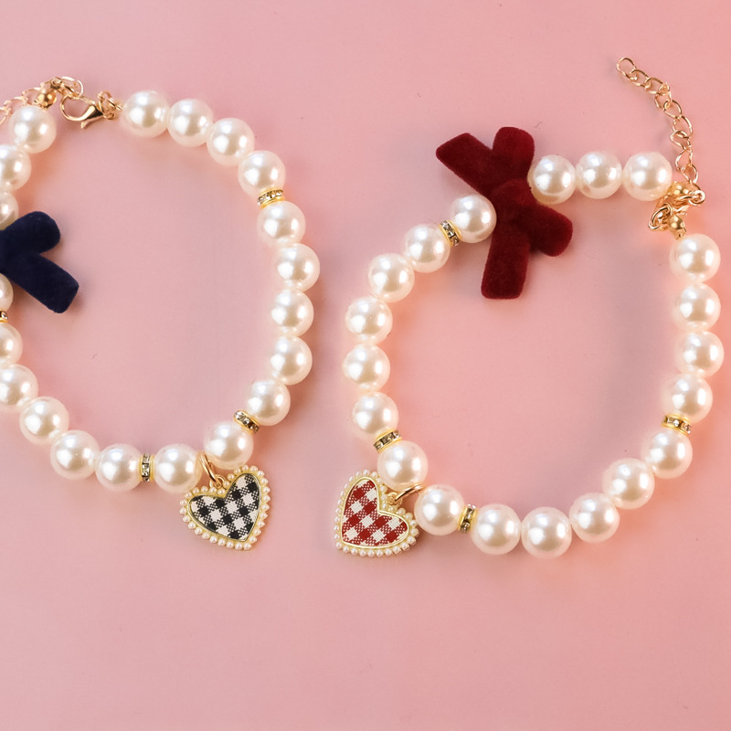 Dog Collar Soft Padded Pet Collar Adjustable small cat dog plaid heart pearl retro high-quality texture bow necklace